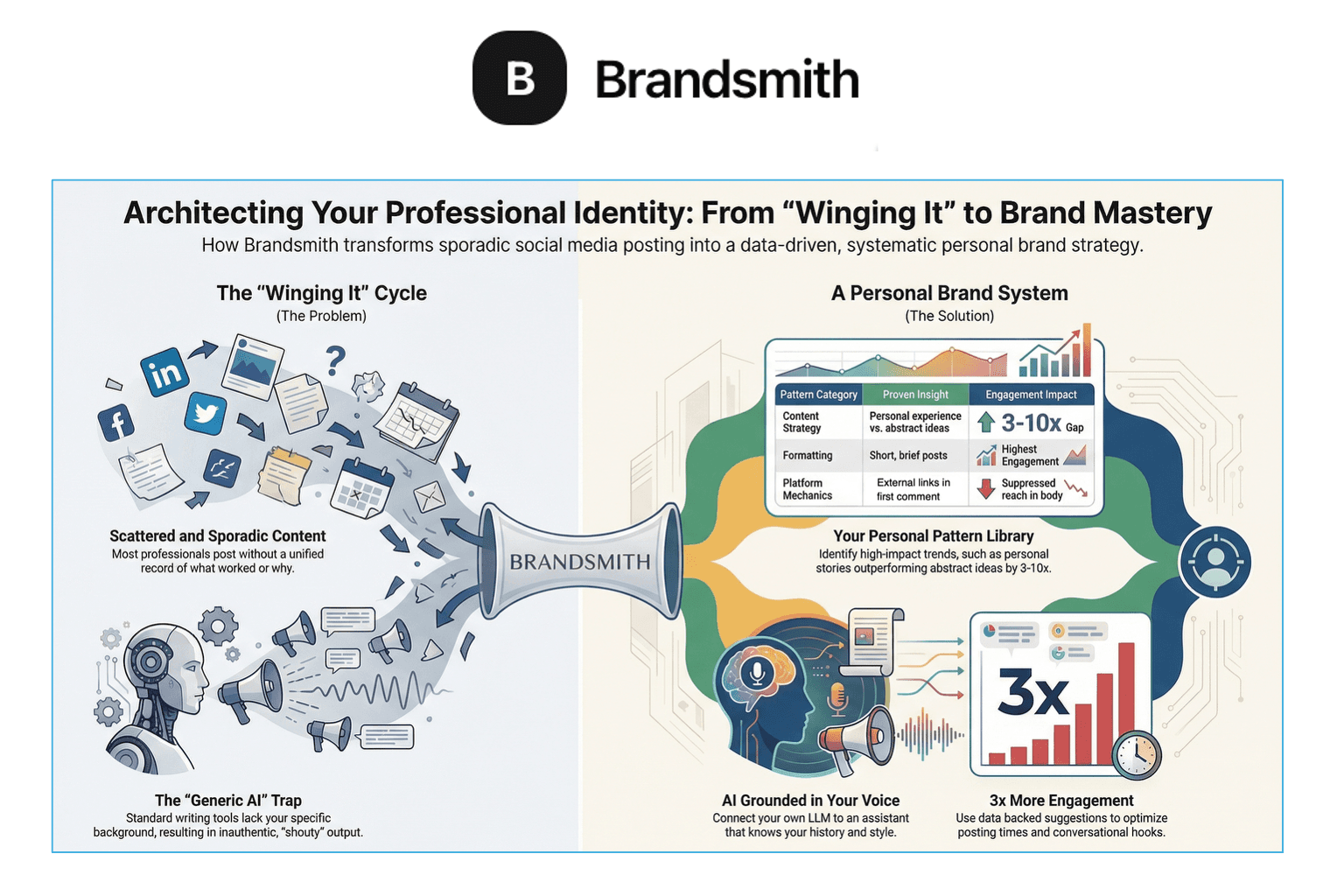Brandsmith transforms scattered content into a systematic personal brand strategy