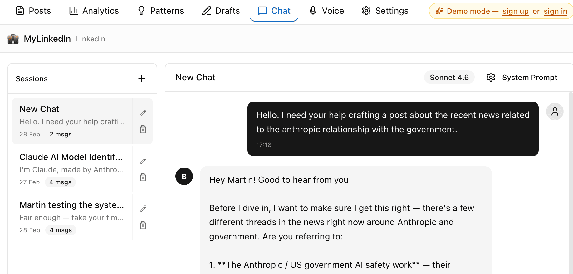 Brandsmith:Me AI chat — generating LinkedIn post drafts using your voice profile
