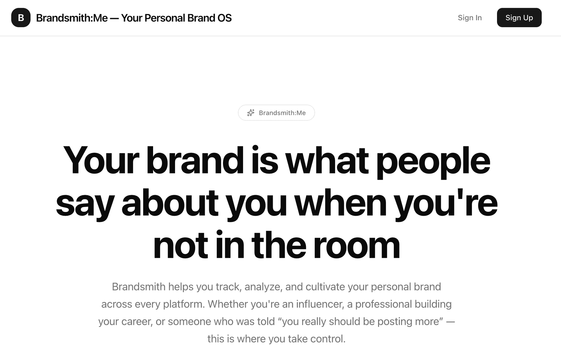 Brandsmith:Me homepage — Personal Brand Management platform