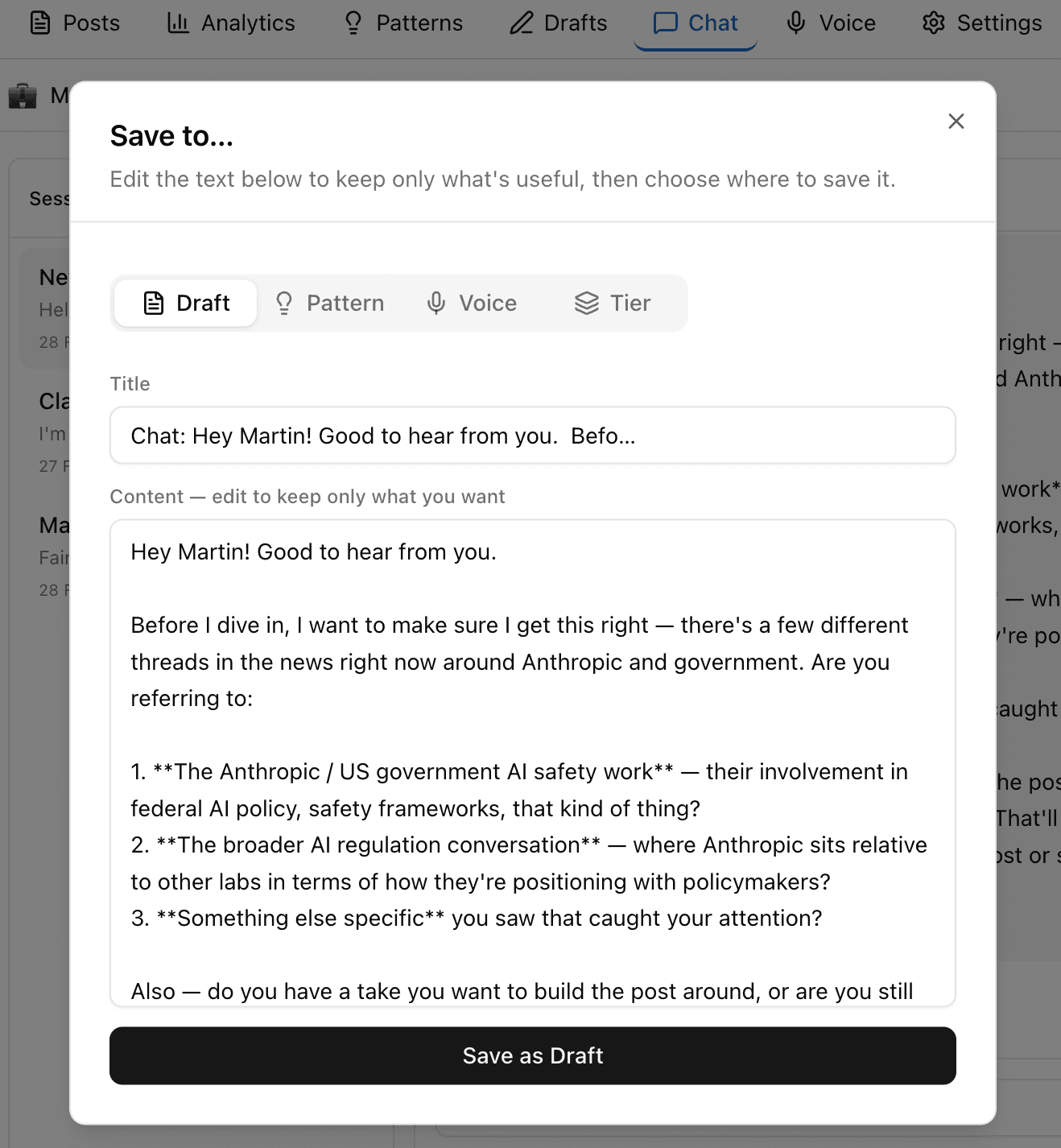 Brandsmith:Me Save dialog — save AI output as a draft, pattern, voice note or content tier